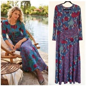 Soft Surroundings Ismerelda Floral Jersey Maxi long sleeves dress Size M